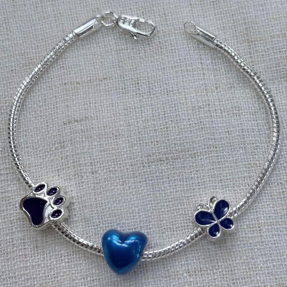 Sterling silver snake chain bracelet,blue dog pow print, butterfly,heart charm